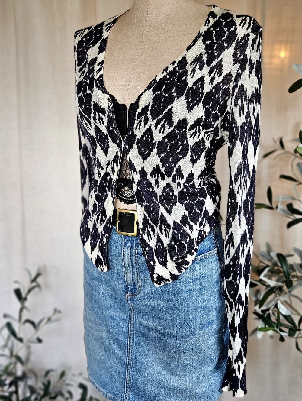 The Loft Womens Ramie Blend Tribal Print Cardigan Lightweight Sweater Small